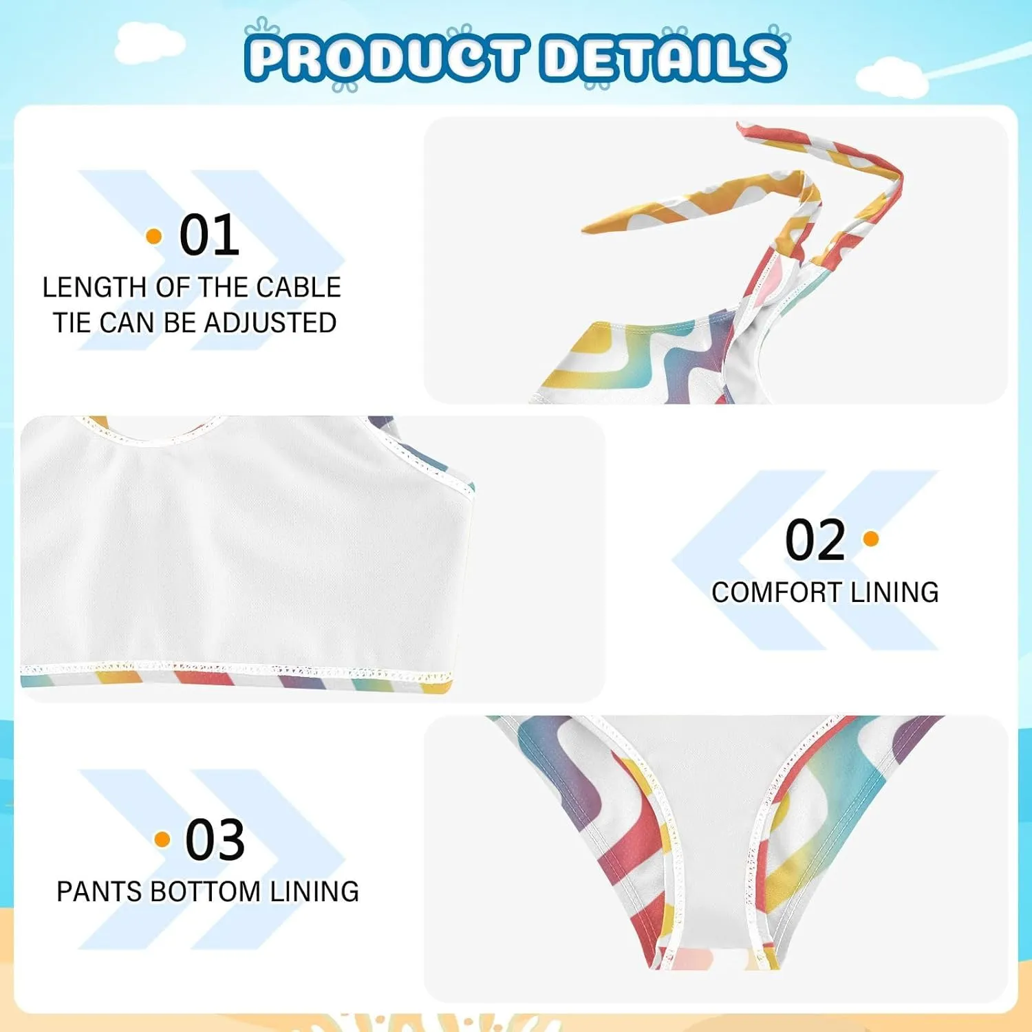 KLL Abstract Rainbow Stripes Girls 2 Piecing Bikini Set Beach Swimsuit Swimming Suits Cute Shoulder Strap