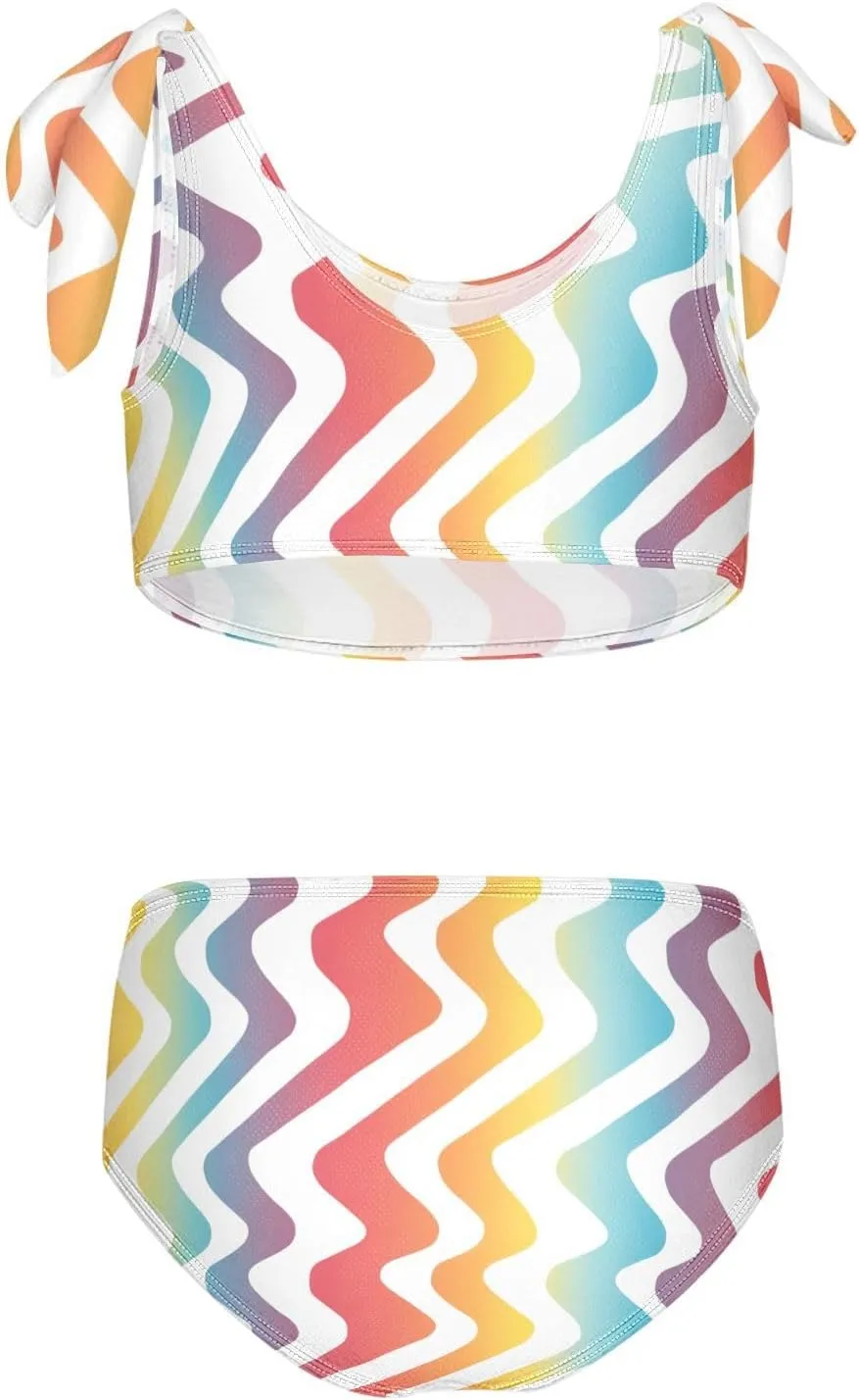 KLL Abstract Rainbow Stripes Girls 2 Piecing Bikini Set Beach Swimsuit Swimming Suits Cute Shoulder Strap