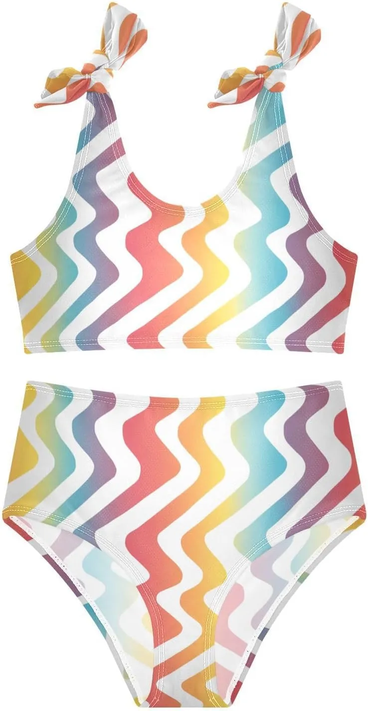 KLL Abstract Rainbow Stripes Girls 2 Piecing Bikini Set Beach Swimsuit Swimming Suits Cute Shoulder Strap