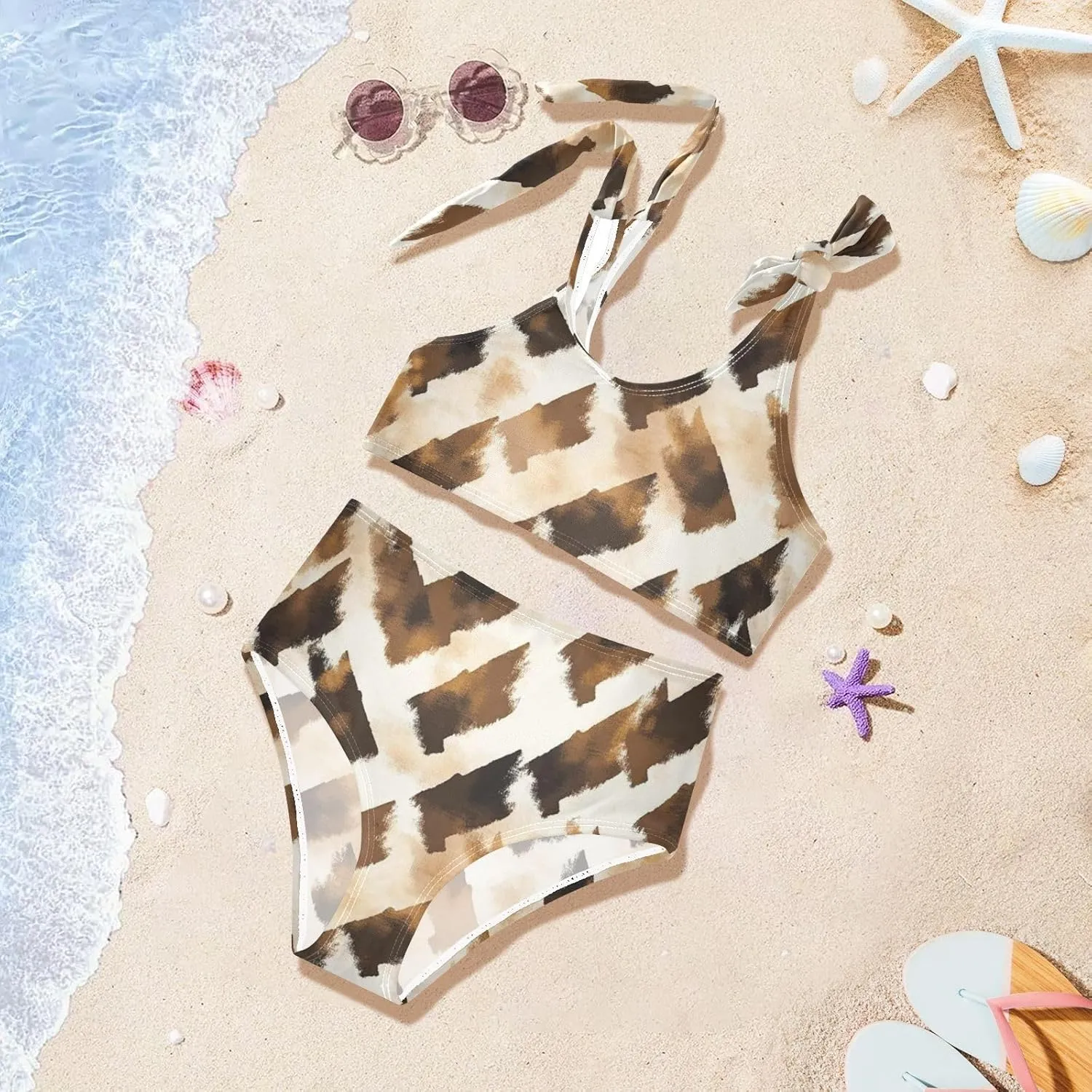 KLL Brown Houndstooth Girls' 2 Piecing Bikini Set Beach Bathing Suit Swimming Suits Adjustable Shoulder Strap