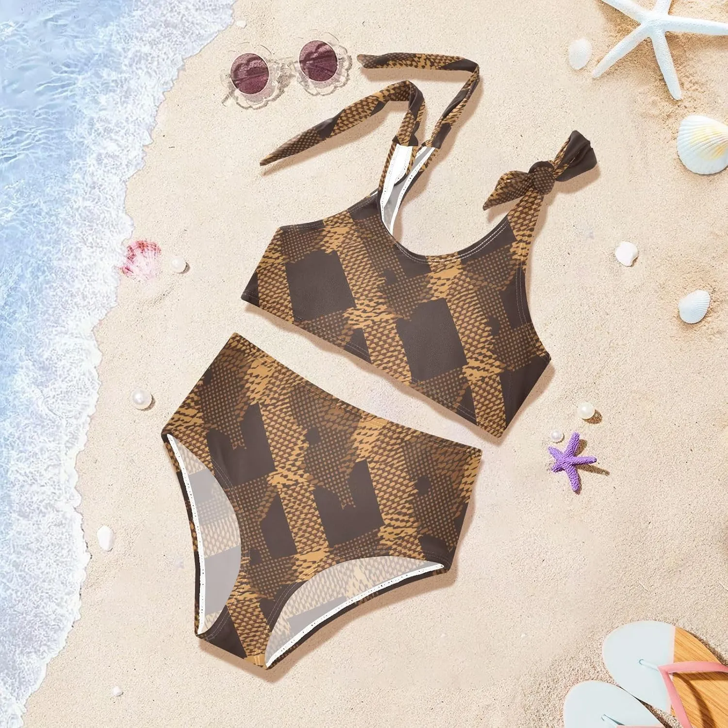 KLL Brown Houndstooth Girls 2 Piecing Bikini Set Scoop Neck Swimsuits Swimming Suits Adjustable Strap