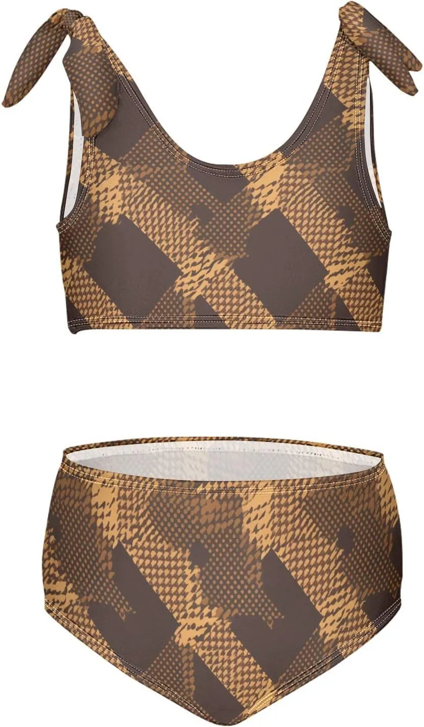 KLL Brown Houndstooth Girls 2 Piecing Bikini Set Scoop Neck Swimsuits Swimming Suits Adjustable Strap