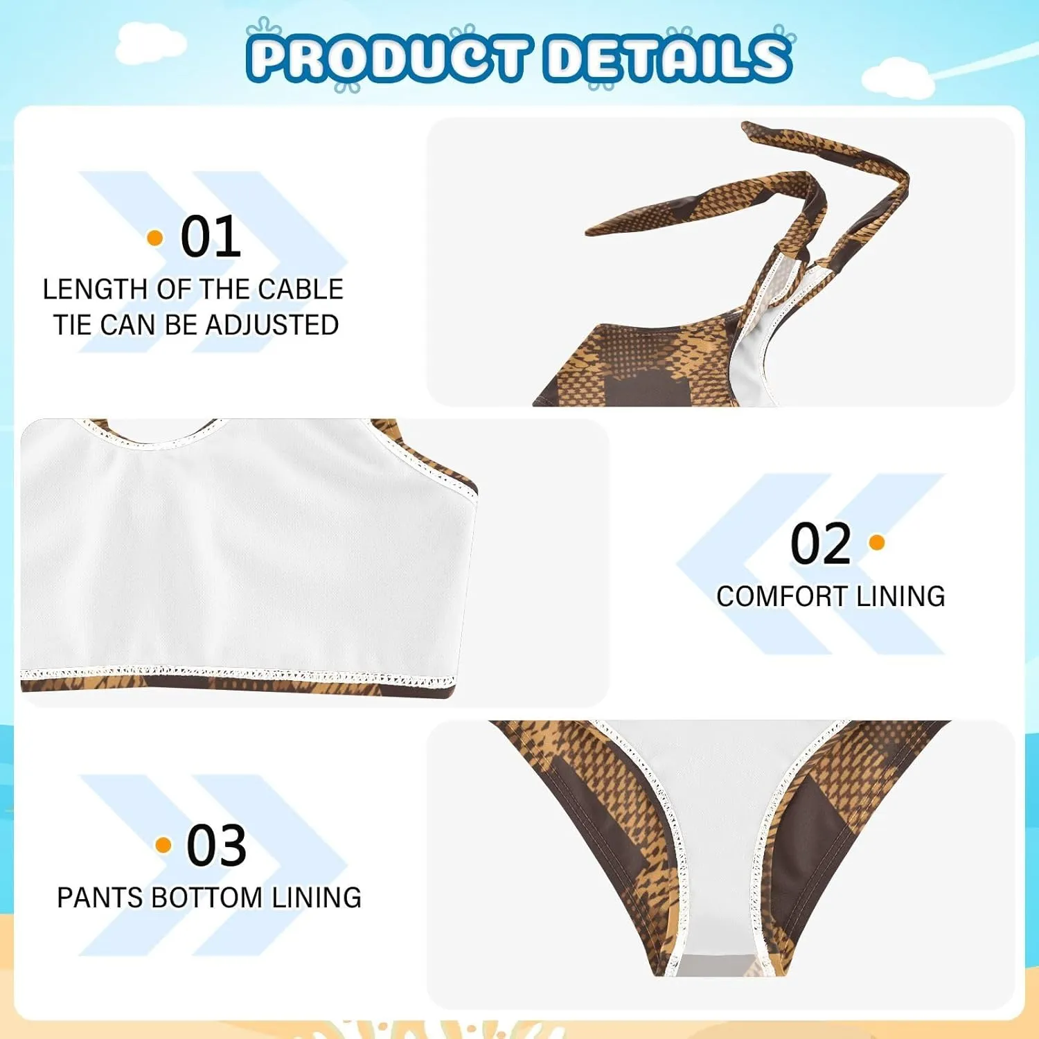 KLL Brown Houndstooth Girls 2 Piecing Bikini Set Scoop Neck Swimsuits Swimming Suits Adjustable Strap