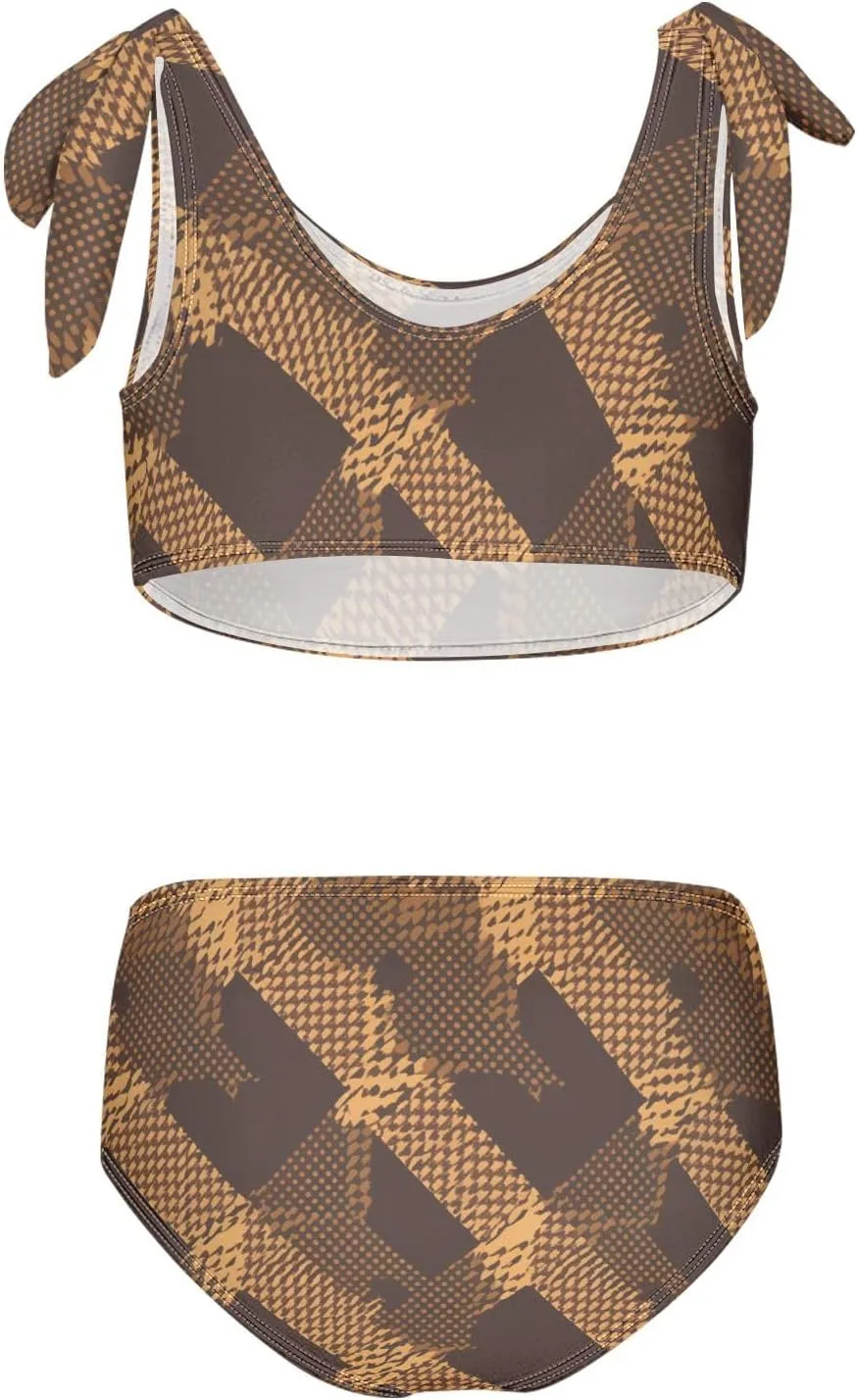 KLL Brown Houndstooth Girls 2 Piecing Bikini Set Scoop Neck Swimsuits Swimming Suits Adjustable Strap