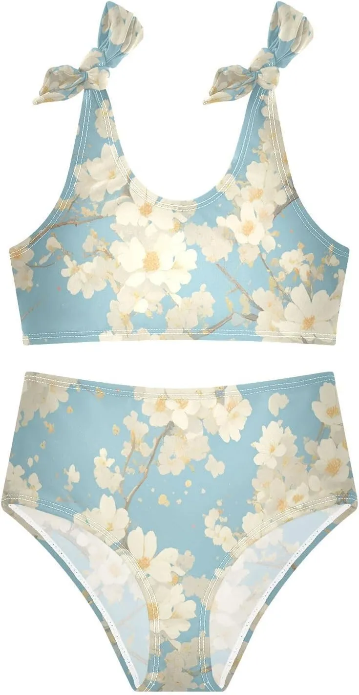 KLL Cherry Blossoms Girls' 2 Piecing Bikini Set Scoop Neck Swimsuits Swimming Suits Cute Shoulder Strap