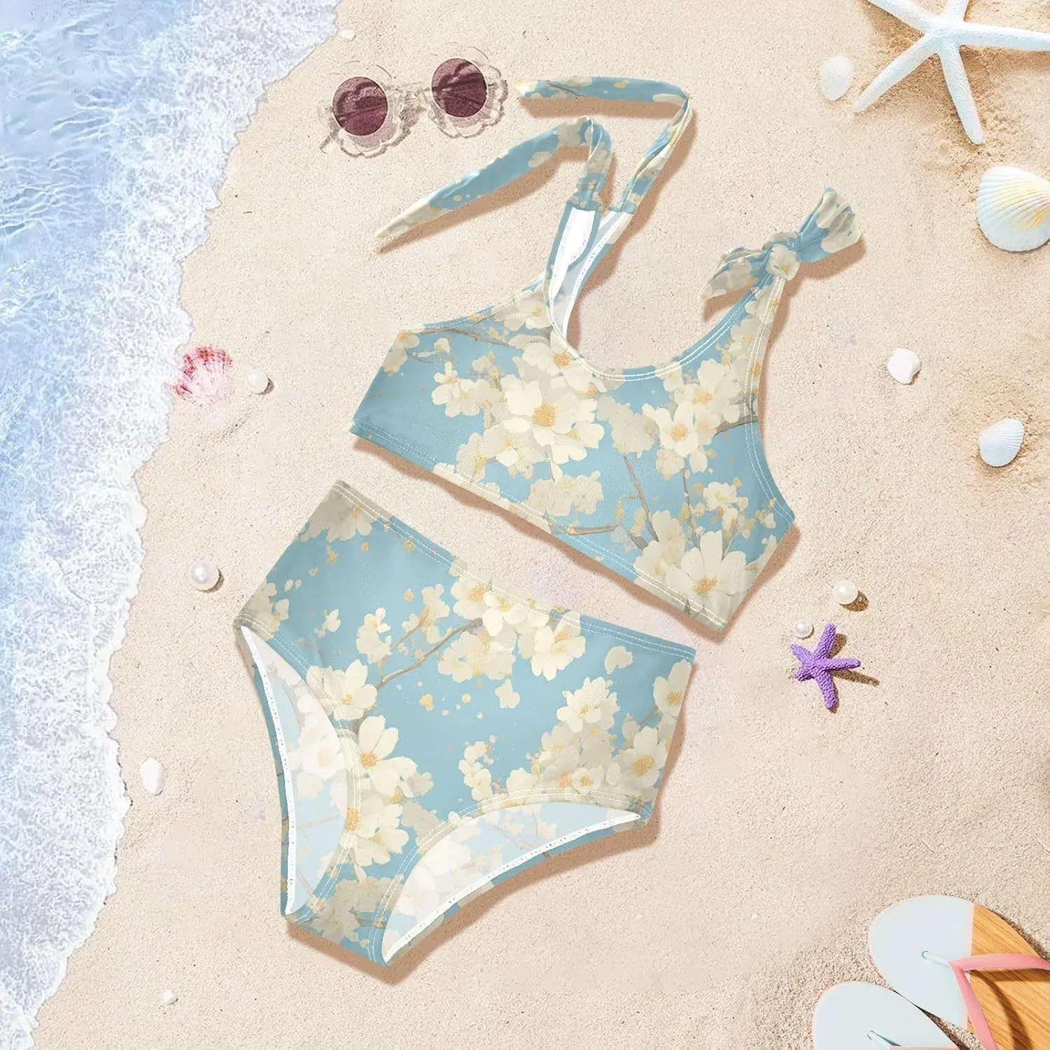 KLL Cherry Blossoms Girls' 2 Piecing Bikini Set Scoop Neck Swimsuits Swimming Suits Cute Shoulder Strap
