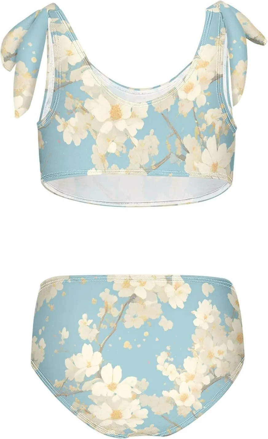 KLL Cherry Blossoms Girls' 2 Piecing Bikini Set Scoop Neck Swimsuits Swimming Suits Cute Shoulder Strap