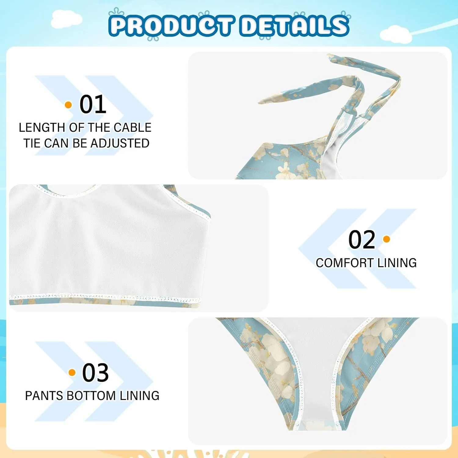 KLL Cherry Blossoms Girls' 2 Piecing Bikini Set Scoop Neck Swimsuits Swimming Suits Cute Shoulder Strap