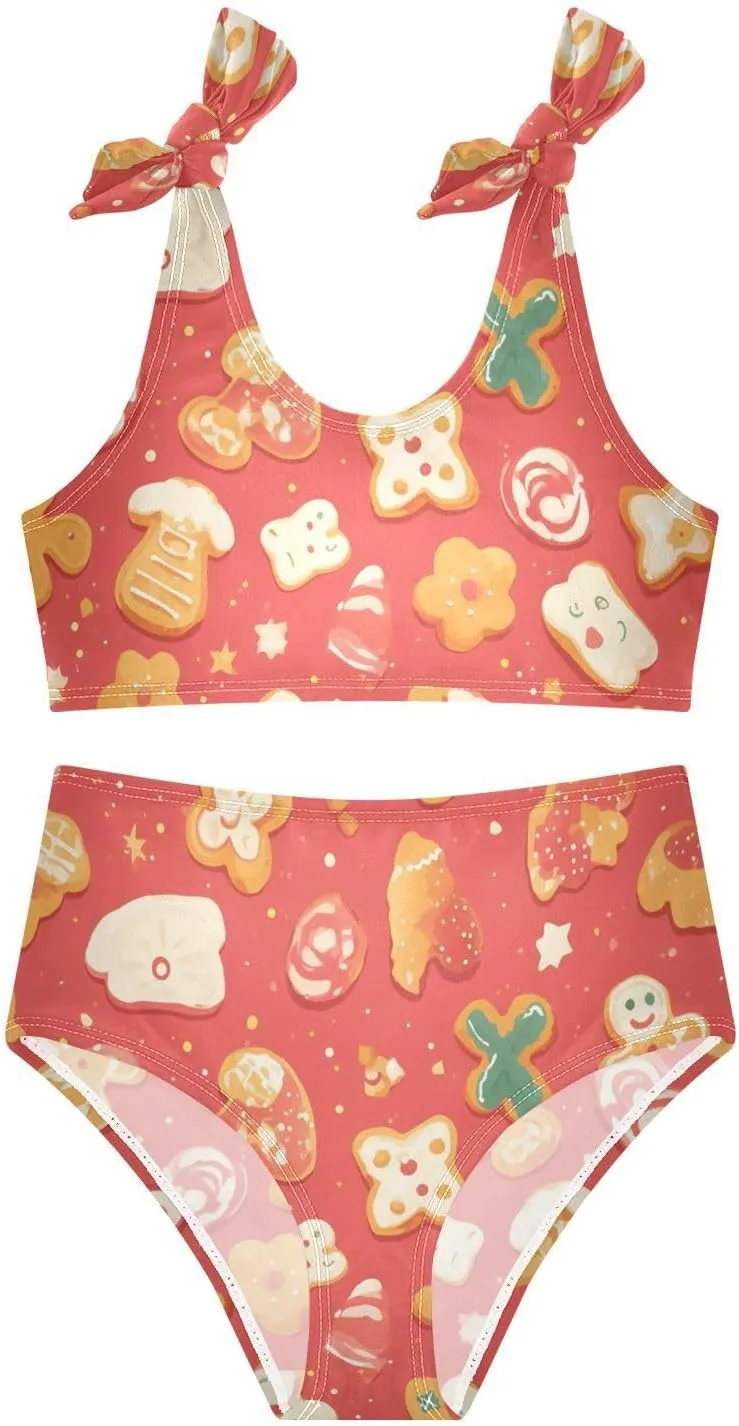 KLL Gingerbread Cookies Coral Girls 2 Piecing Bikini Set Beach Swimsuits Swimming Suits Adjustable Strap