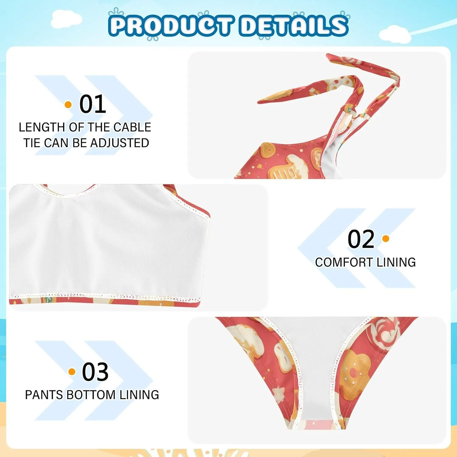 KLL Gingerbread Cookies Coral Girls 2 Piecing Bikini Set Beach Swimsuits Swimming Suits Adjustable Strap