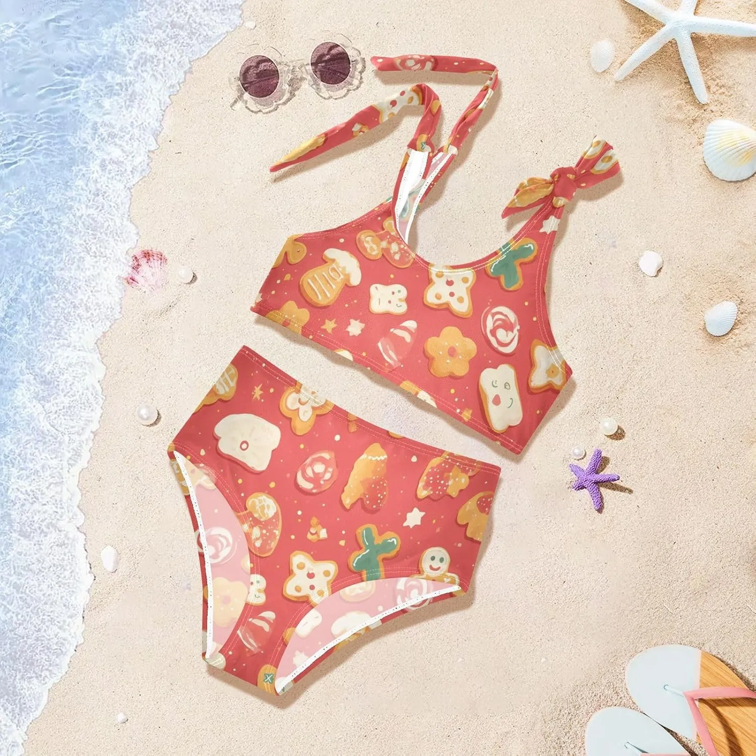 KLL Gingerbread Cookies Coral Girls 2 Piecing Bikini Set Beach Swimsuits Swimming Suits Adjustable Strap