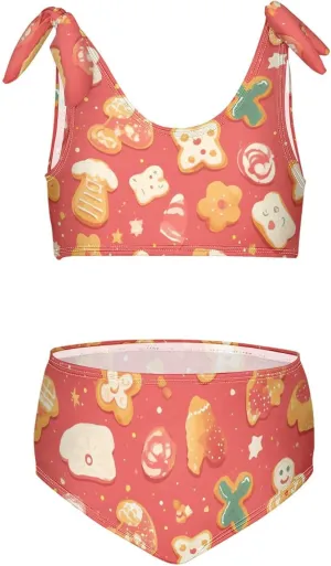 KLL Gingerbread Cookies Coral Girls 2 Piecing Bikini Set Beach Swimsuits Swimming Suits Adjustable Strap