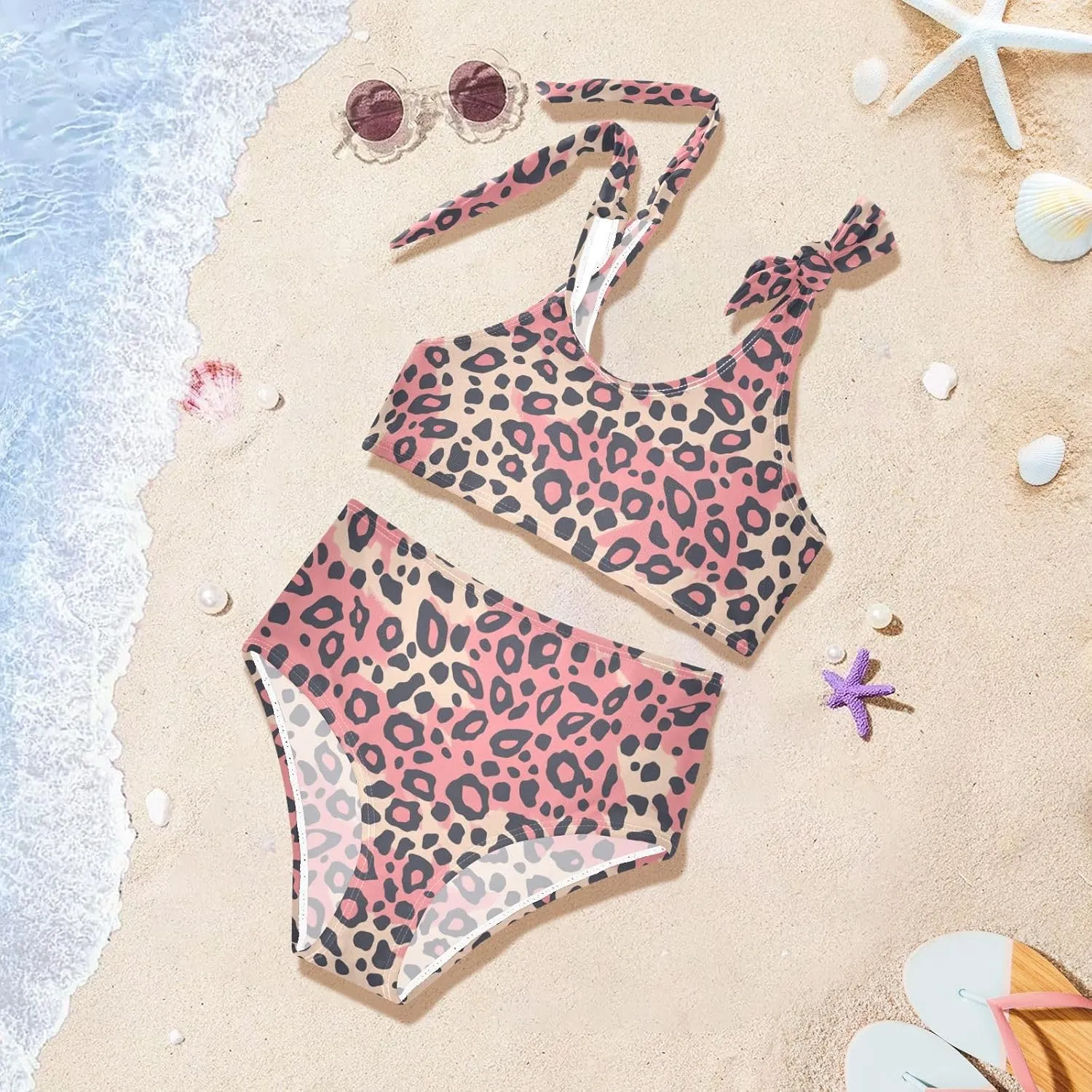 KLL Leopard Pattern Pink Black Girls 2 Piecing Bikini Set Beach Swimsuit Swimming Suits Adjustable Strap