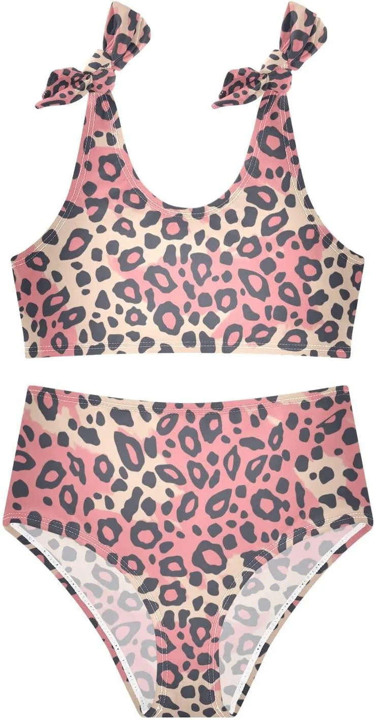 KLL Leopard Pattern Pink Black Girls 2 Piecing Bikini Set Beach Swimsuit Swimming Suits Adjustable Strap