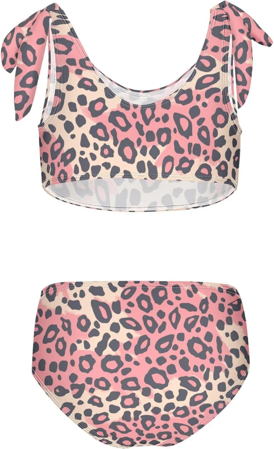 KLL Leopard Pattern Pink Black Girls 2 Piecing Bikini Set Beach Swimsuit Swimming Suits Adjustable Strap