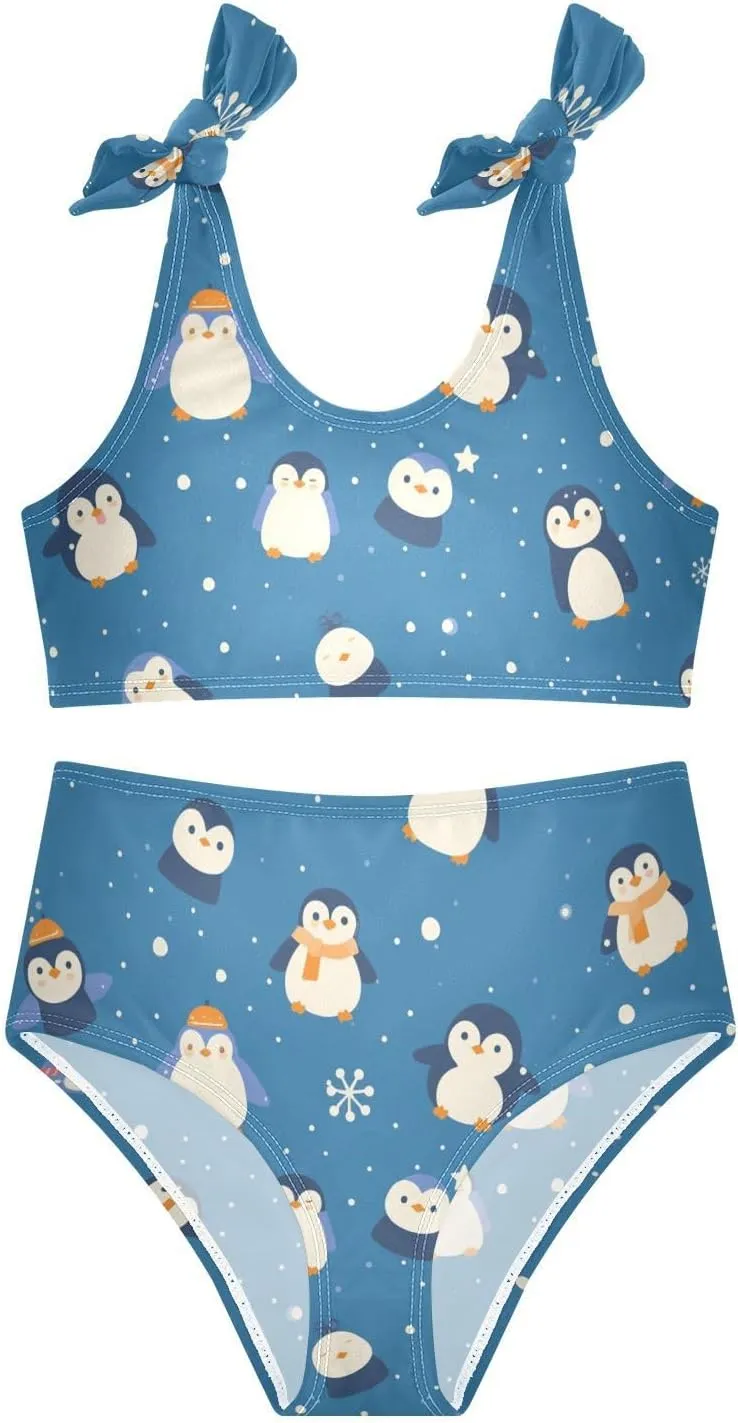 KLL Seamless Pattern Penguins Cobalt Girls Two Piecing Bikini Sets Scoop Neck Swimsuits Swimming Suits Adjustable Shoulder