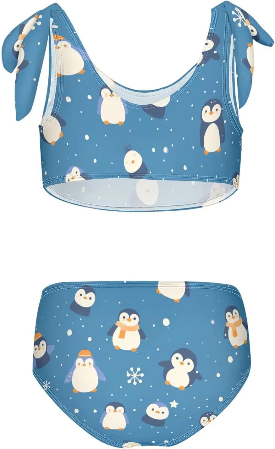 KLL Seamless Pattern Penguins Cobalt Girls Two Piecing Bikini Sets Scoop Neck Swimsuits Swimming Suits Adjustable Shoulder