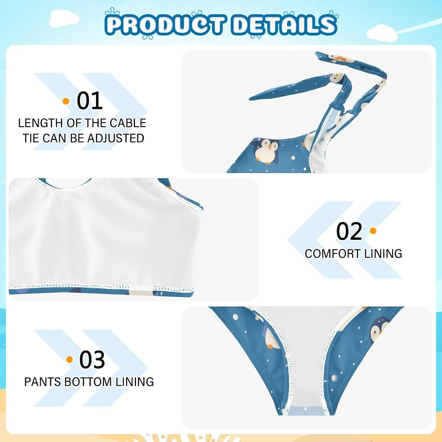 KLL Seamless Pattern Penguins Cobalt Girls Two Piecing Bikini Sets Scoop Neck Swimsuits Swimming Suits Adjustable Shoulder
