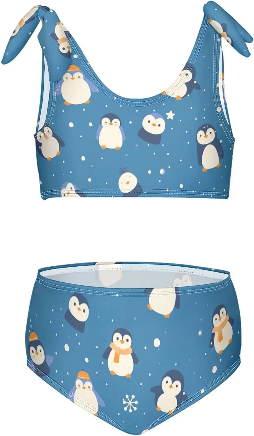 KLL Seamless Pattern Penguins Cobalt Girls Two Piecing Bikini Sets Scoop Neck Swimsuits Swimming Suits Adjustable Shoulder
