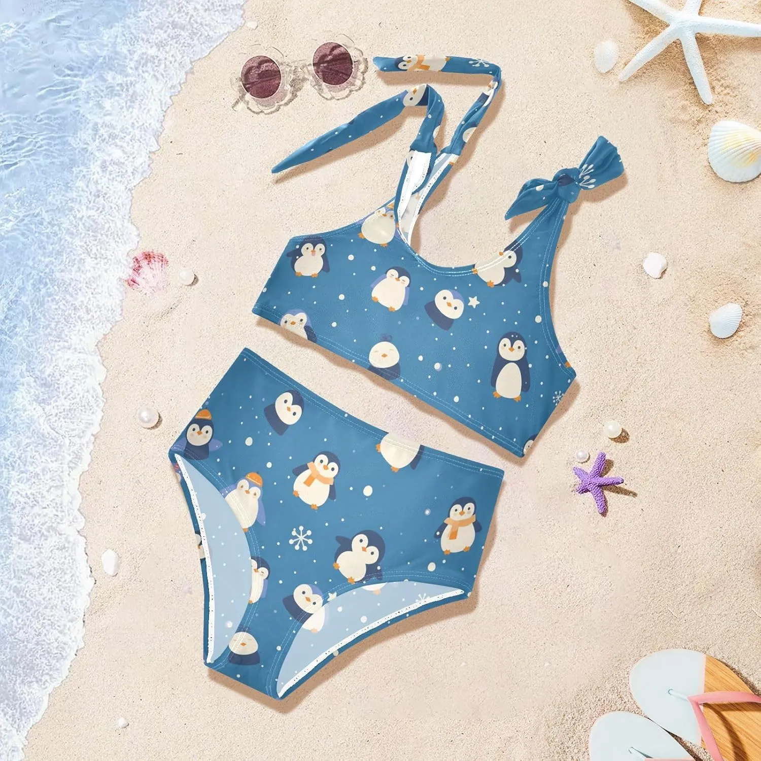 KLL Seamless Pattern Penguins Cobalt Girls Two Piecing Bikini Sets Scoop Neck Swimsuits Swimming Suits Adjustable Shoulder