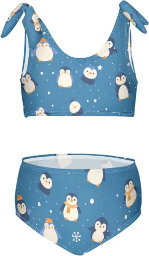 KLL Seamless Pattern Penguins Cobalt Girls Two Piecing Bikini Sets Scoop Neck Swimsuits Swimming Suits Adjustable Shoulder
