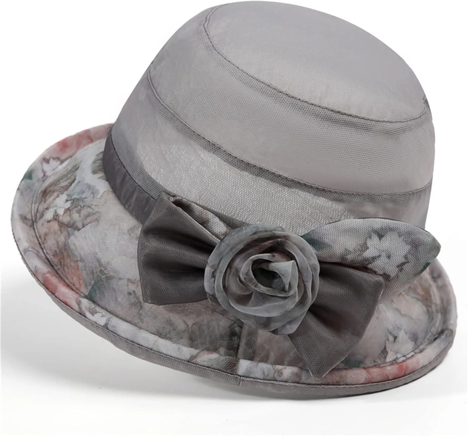 Ladies Sun Hat with Mesh Flower Decoration Wide Brim Hat Occasion Event Fancy Church Dress Hat