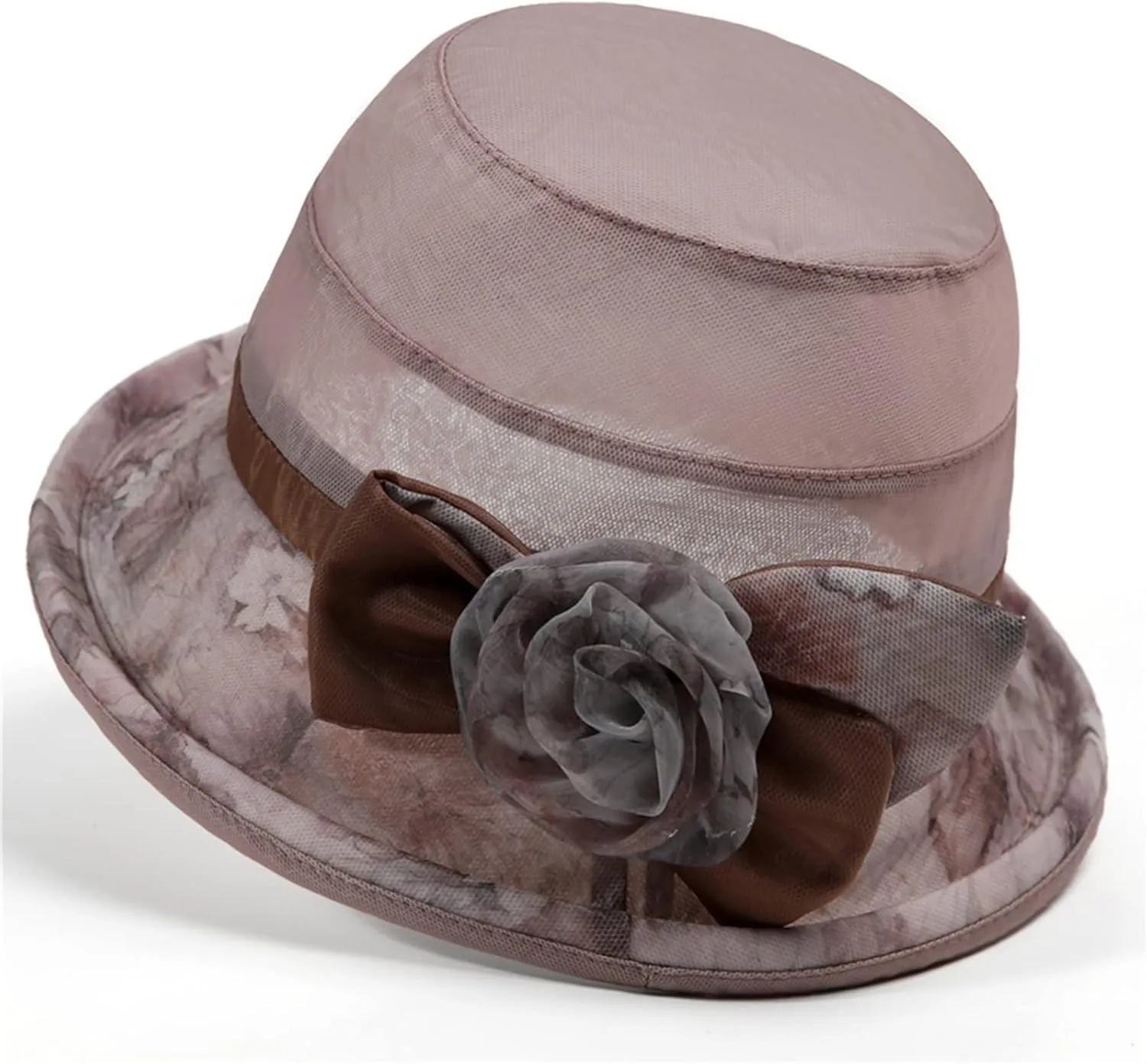 Ladies Sun Hat with Mesh Flower Decoration Wide Brim Hat Occasion Event Fancy Church Dress Hat