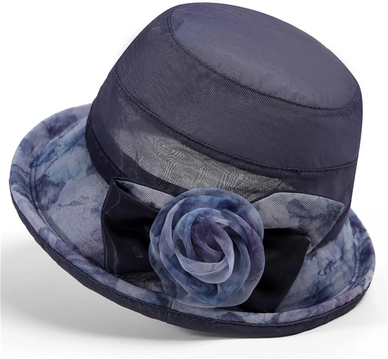 Ladies Sun Hat with Mesh Flower Decoration Wide Brim Hat Occasion Event Fancy Church Dress Hat