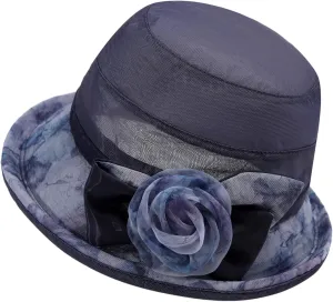 Ladies Sun Hat with Mesh Flower Decoration Wide Brim Hat Occasion Event Fancy Church Dress Hat