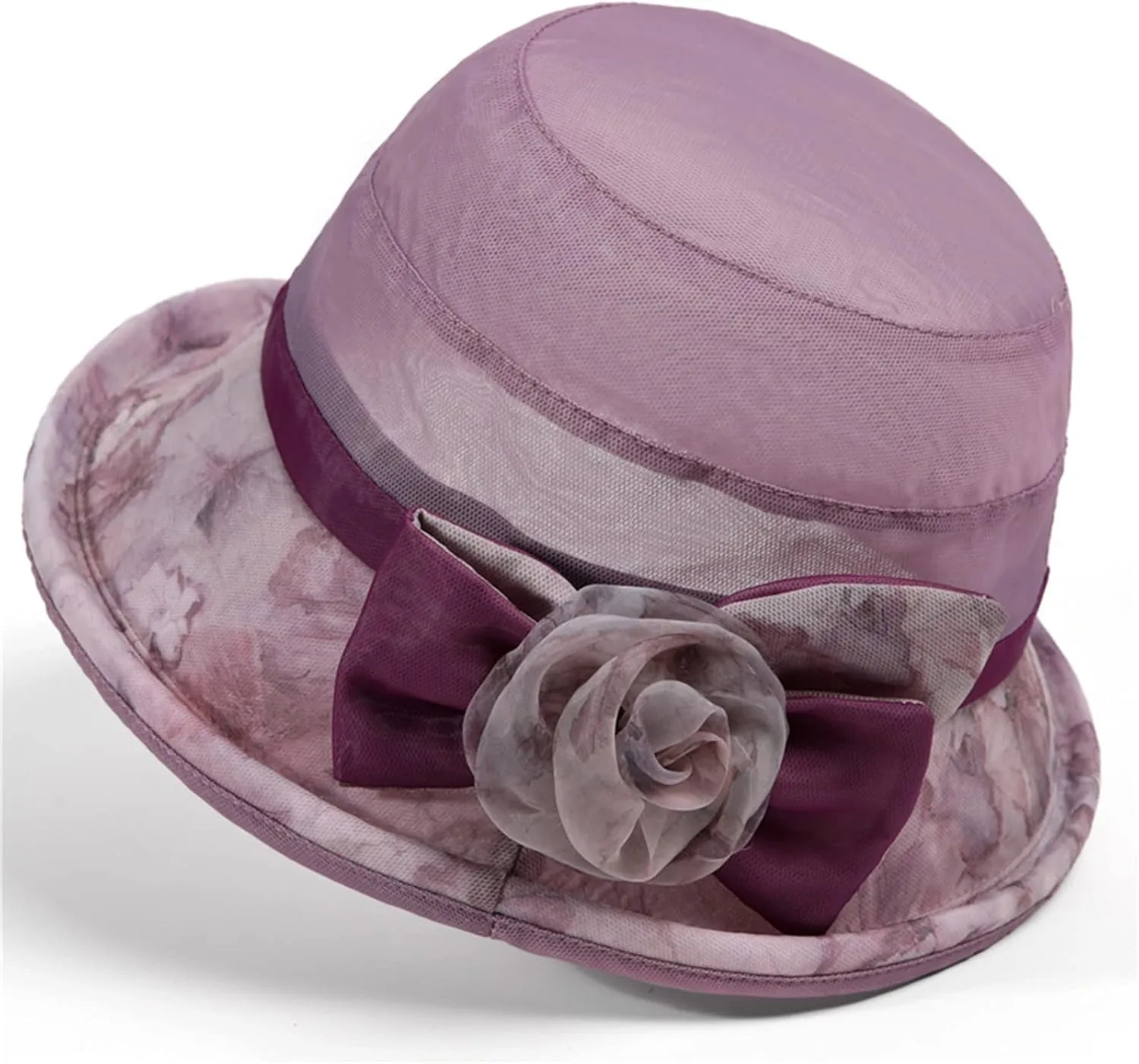 Ladies Sun Hat with Mesh Flower Decoration Wide Brim Hat Occasion Event Fancy Church Dress Hat