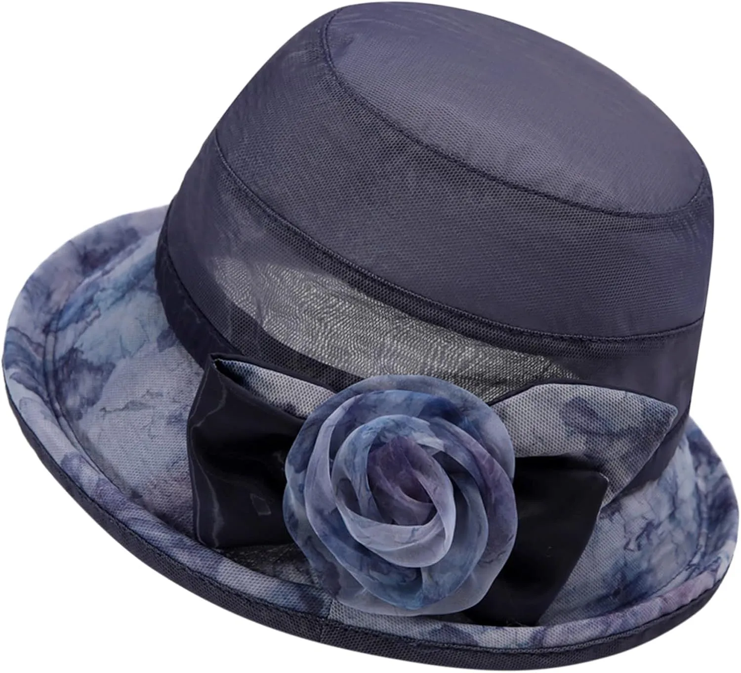 Ladies Sun Hat with Mesh Flower Decoration Wide Brim Hat Occasion Event Fancy Church Dress Hat