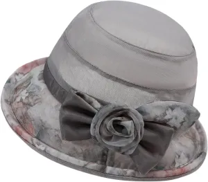 Ladies Sun Hat with Mesh Flower Decoration Wide Brim Hat Occasion Event Fancy Church Dress Hat