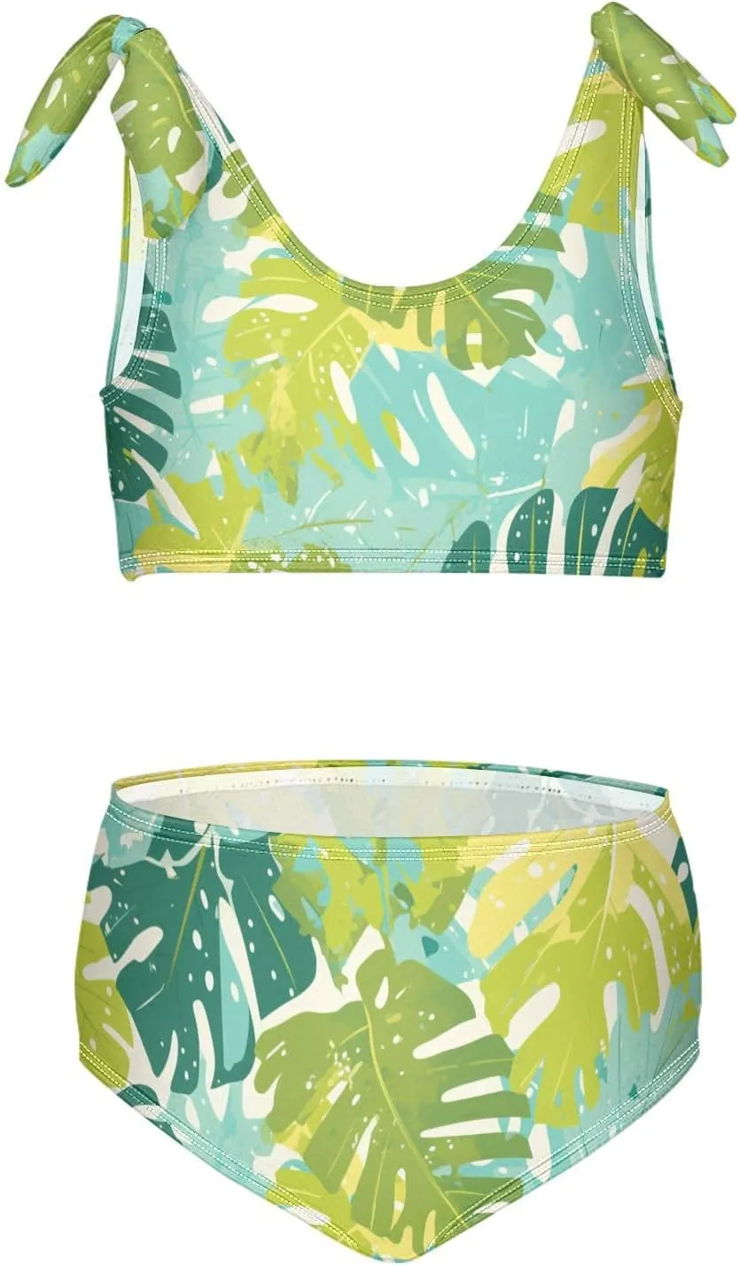 Leaves Monstera Blots Girls Two Piecing Kids Bikini Set Beach Swimsuits Swimming Suits Adjustable Strap