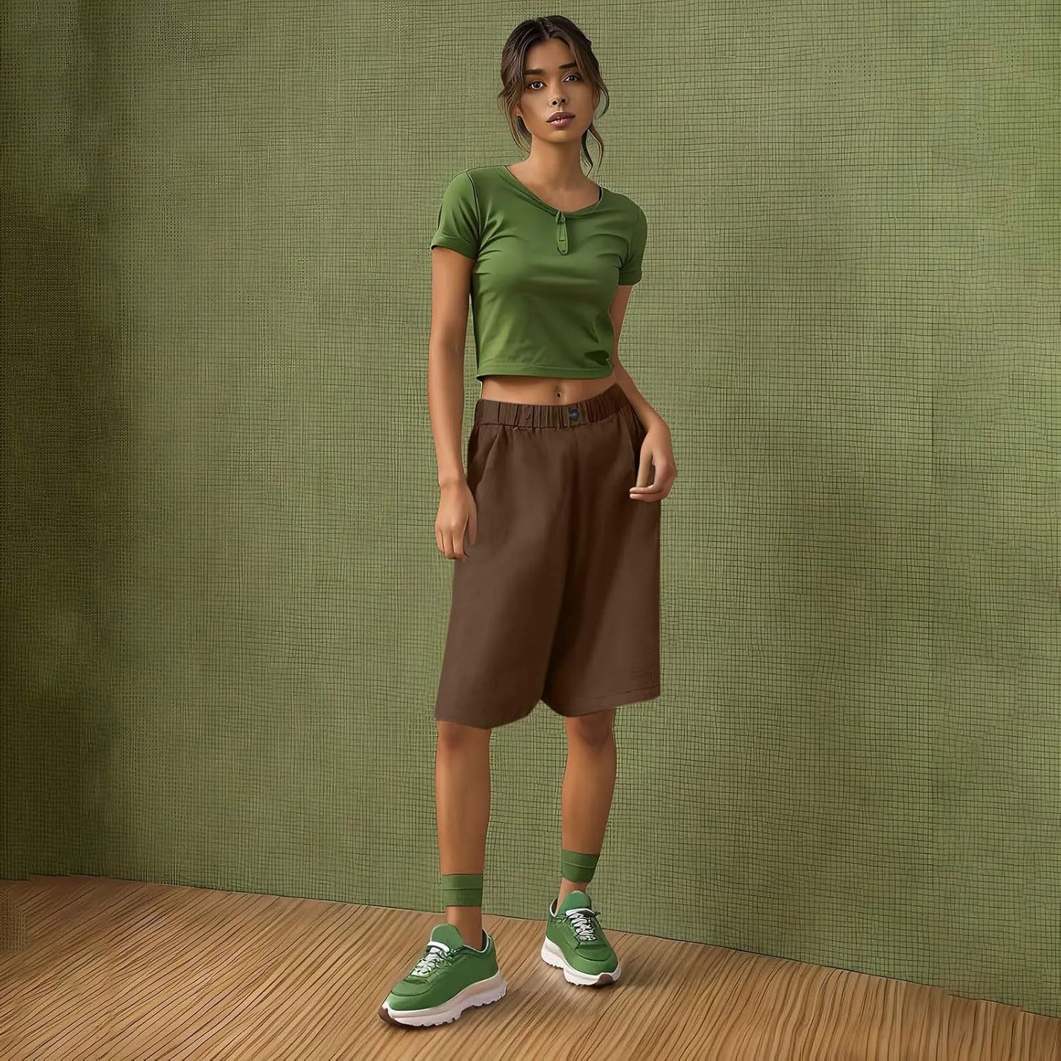 Linen Bermuda Shorts for Women 2025 Summer Casual Knee Lenght Pants Button Elastic Waist Wide Leg Capris with Pockets