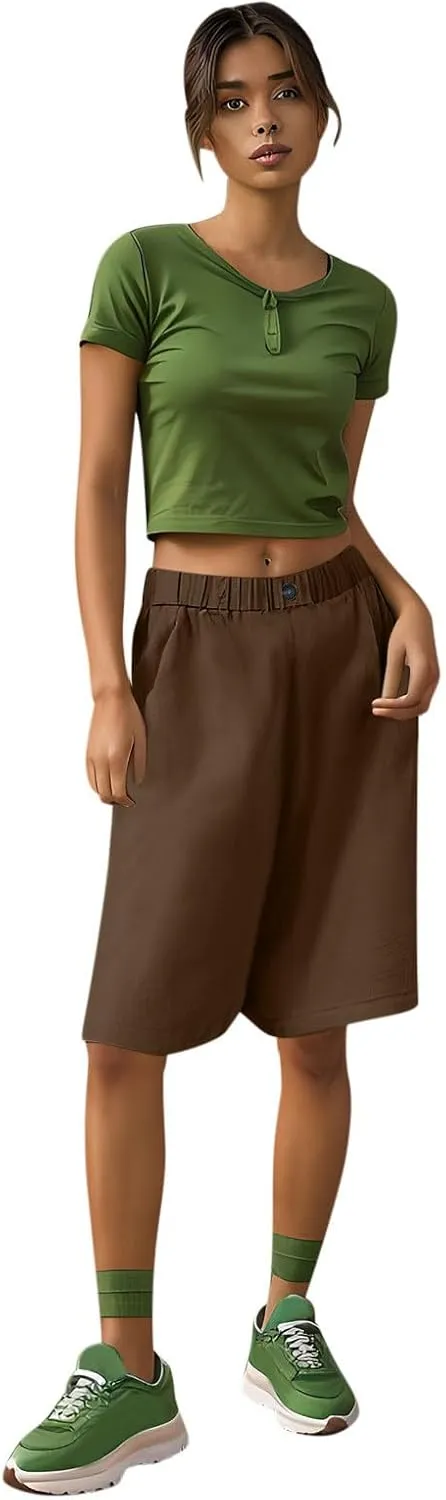 Linen Bermuda Shorts for Women 2025 Summer Casual Knee Lenght Pants Button Elastic Waist Wide Leg Capris with Pockets