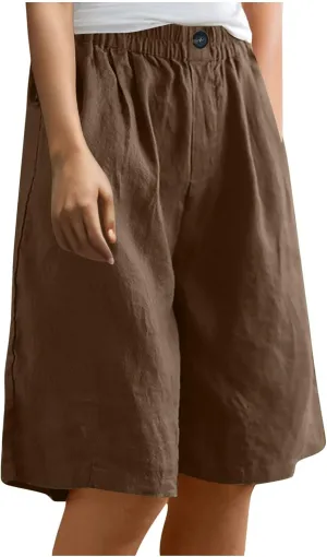 Linen Bermuda Shorts for Women 2025 Summer Casual Knee Lenght Pants Button Elastic Waist Wide Leg Capris with Pockets