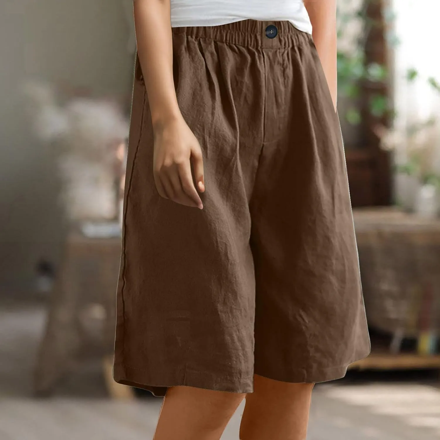 Linen Bermuda Shorts for Women 2025 Summer Casual Knee Lenght Pants Button Elastic Waist Wide Leg Capris with Pockets