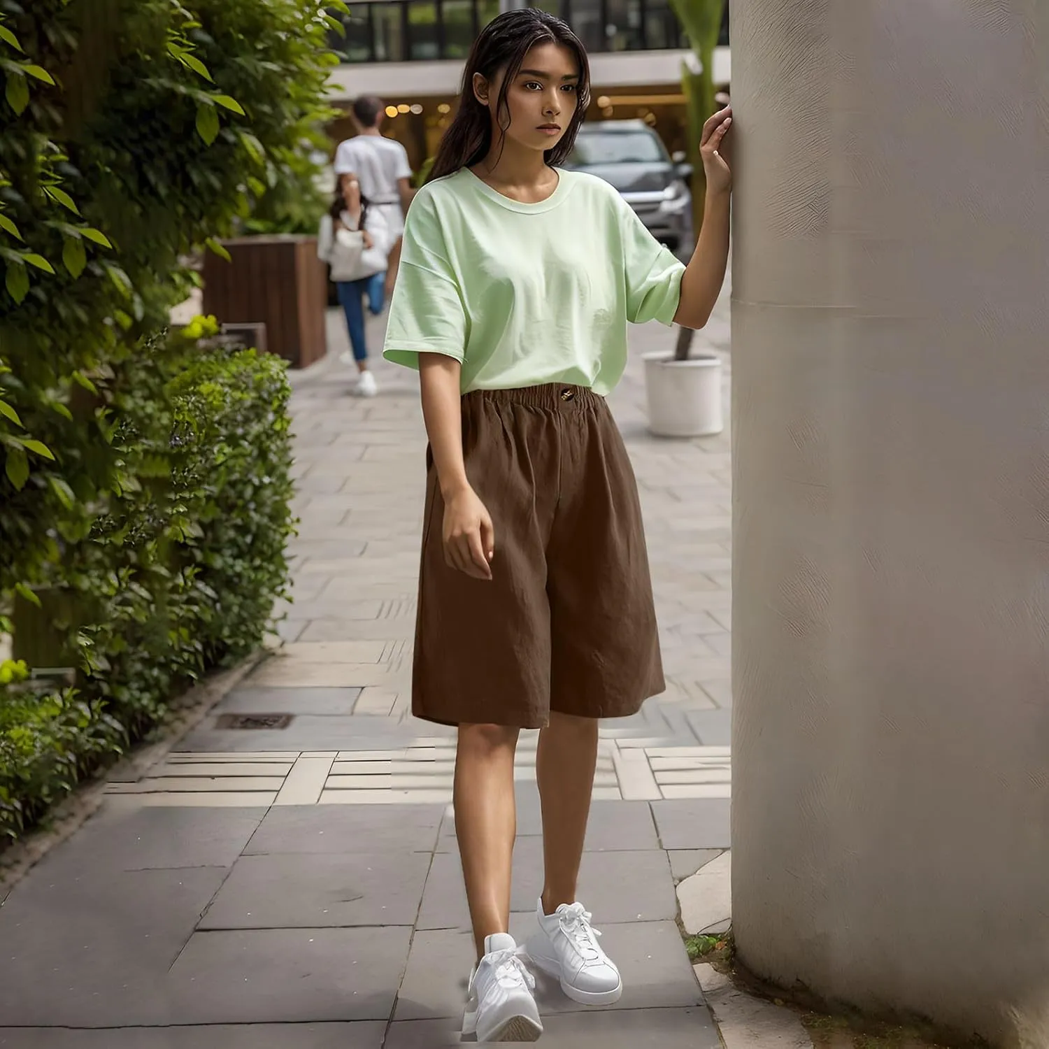 Linen Bermuda Shorts for Women 2025 Summer Casual Knee Lenght Pants Button Elastic Waist Wide Leg Capris with Pockets