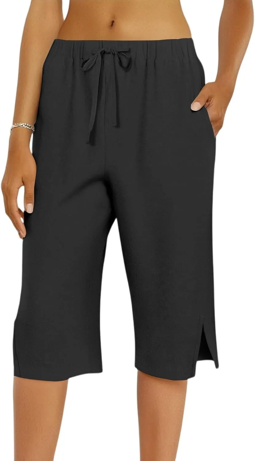 Linen Bermuda Shorts for Women Knee Length High Waisted Shorts 2025 Straight Leg Casual Summer Beach Pants with Pockets