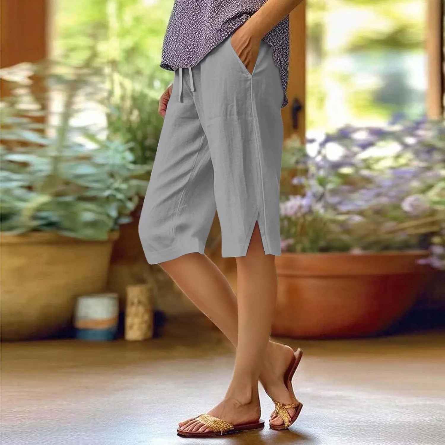 Linen Bermuda Shorts for Women Knee Length High Waisted Shorts 2025 Straight Leg Casual Summer Beach Pants with Pockets