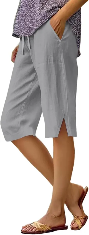 Linen Bermuda Shorts for Women Knee Length High Waisted Shorts 2025 Straight Leg Casual Summer Beach Pants with Pockets