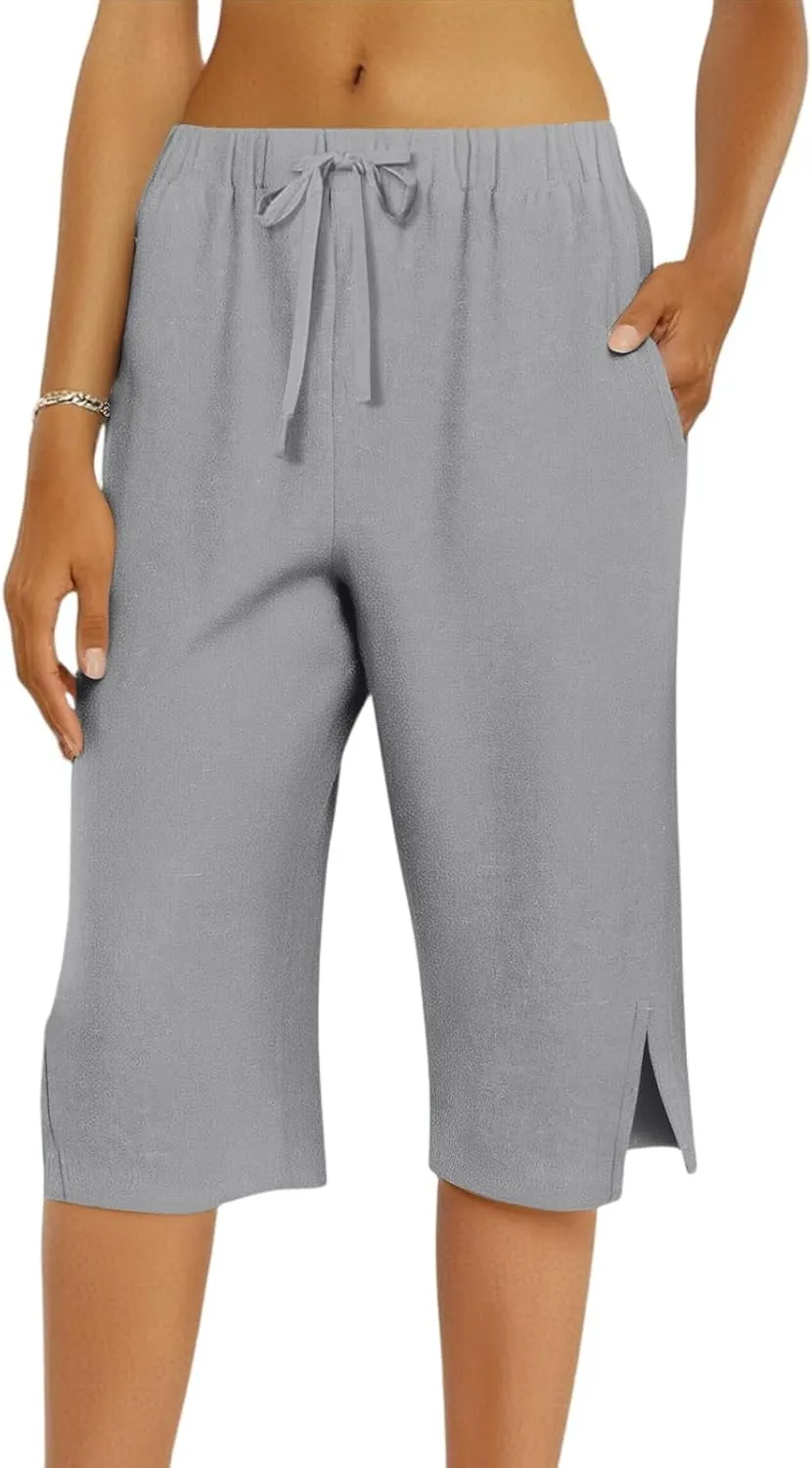 Linen Bermuda Shorts for Women Knee Length High Waisted Shorts 2025 Straight Leg Casual Summer Beach Pants with Pockets