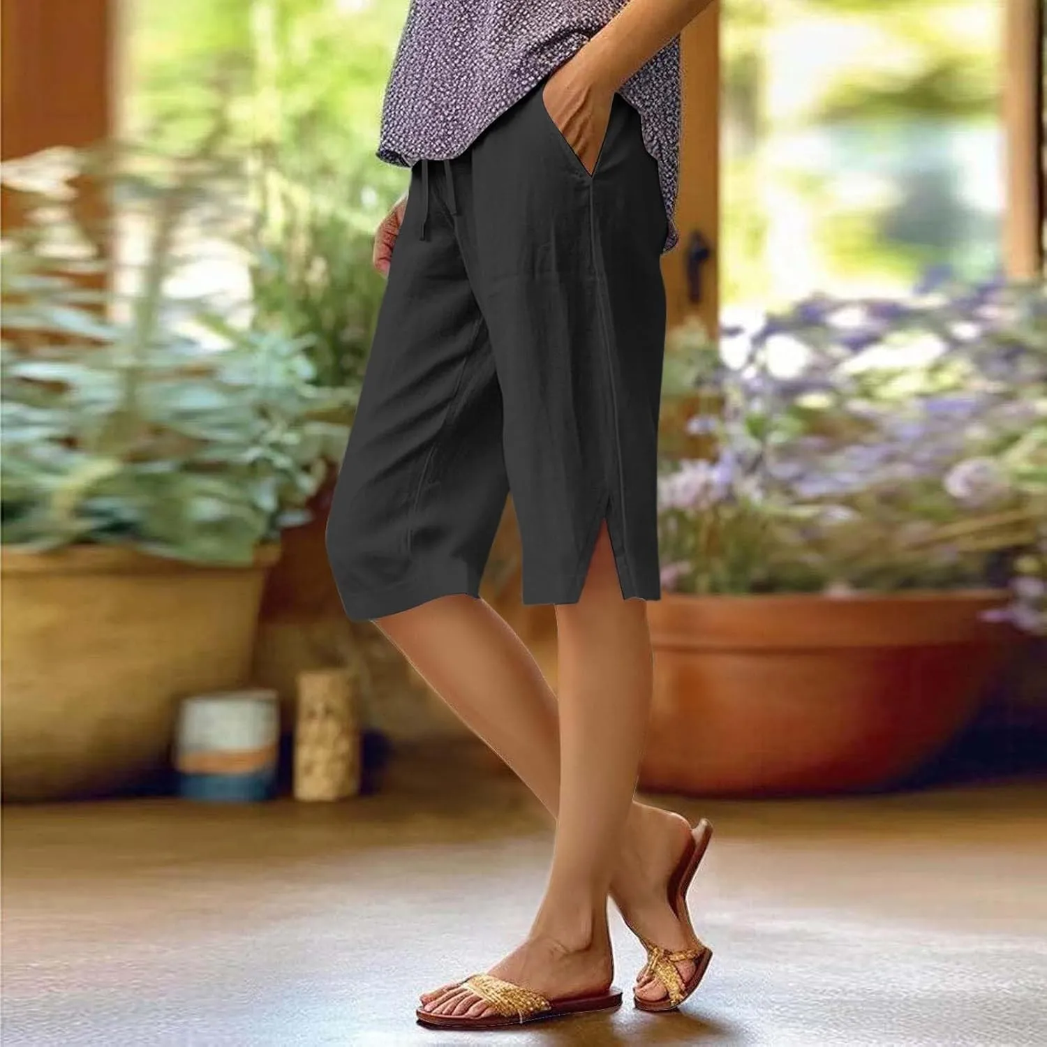 Linen Bermuda Shorts for Women Knee Length High Waisted Shorts 2025 Straight Leg Casual Summer Beach Pants with Pockets
