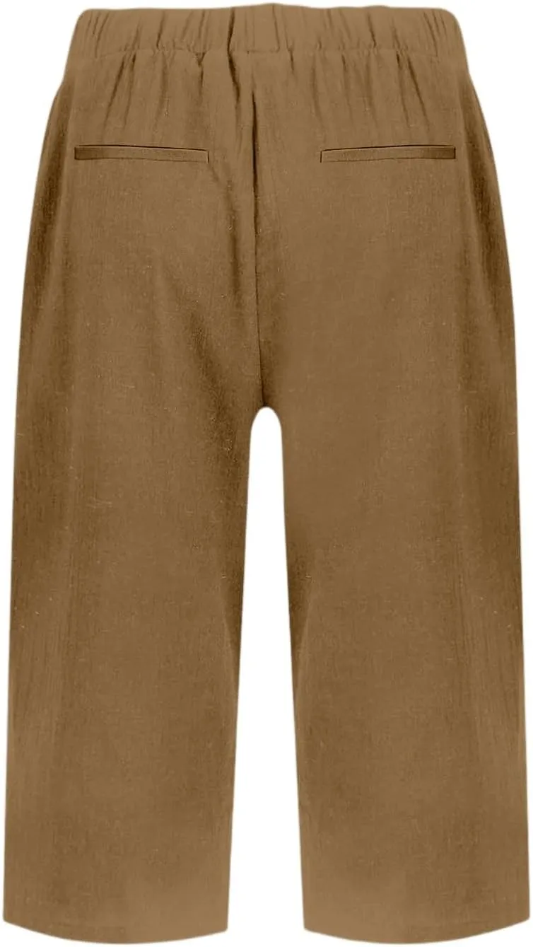 Linen Bermuda Shorts for Women Knee Length High Waisted Shorts 2025 Straight Leg Casual Summer Beach Pants with Pockets