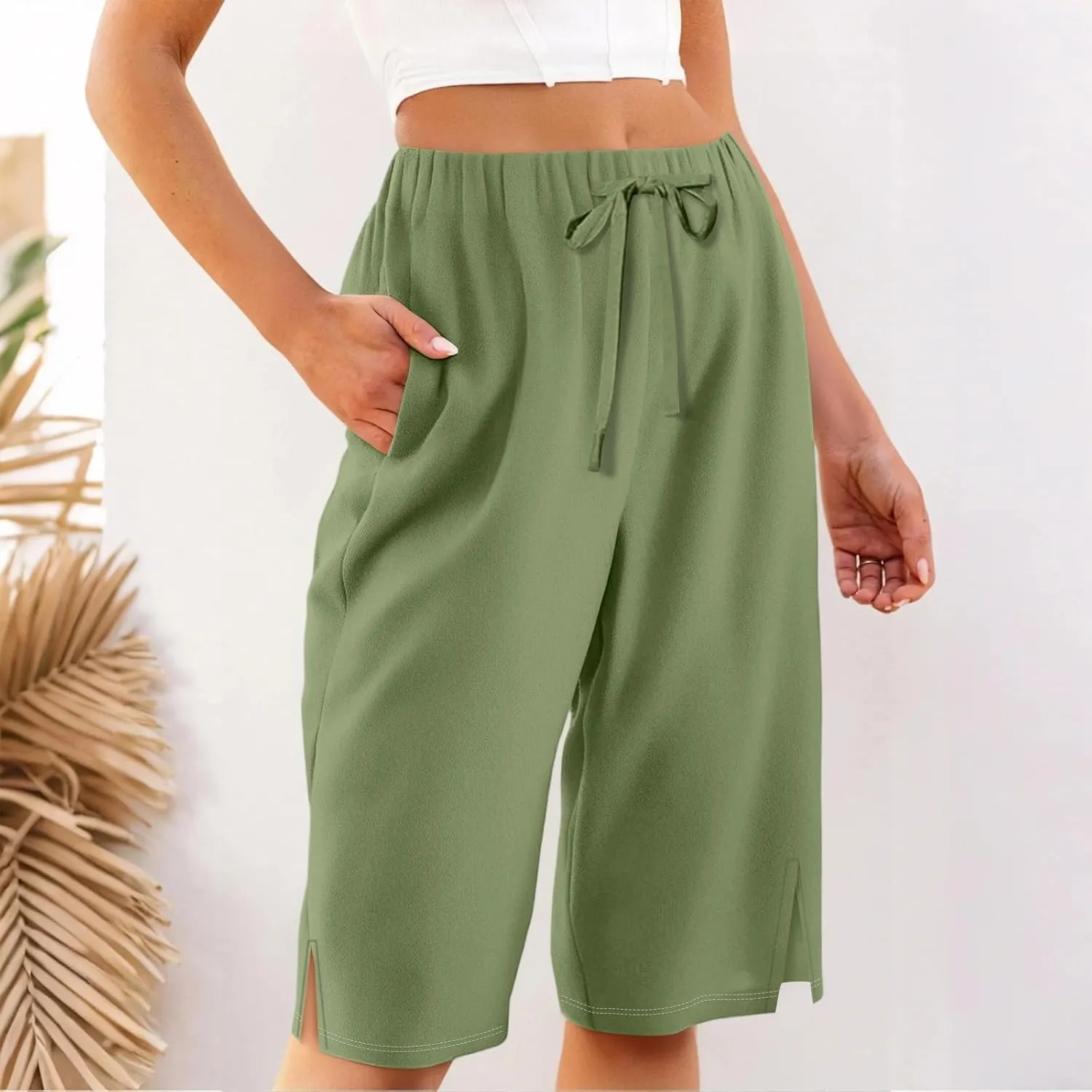 Linen Bermuda Shorts for Women Knee Length High Waisted Shorts 2025 Straight Leg Casual Summer Beach Pants with Pockets