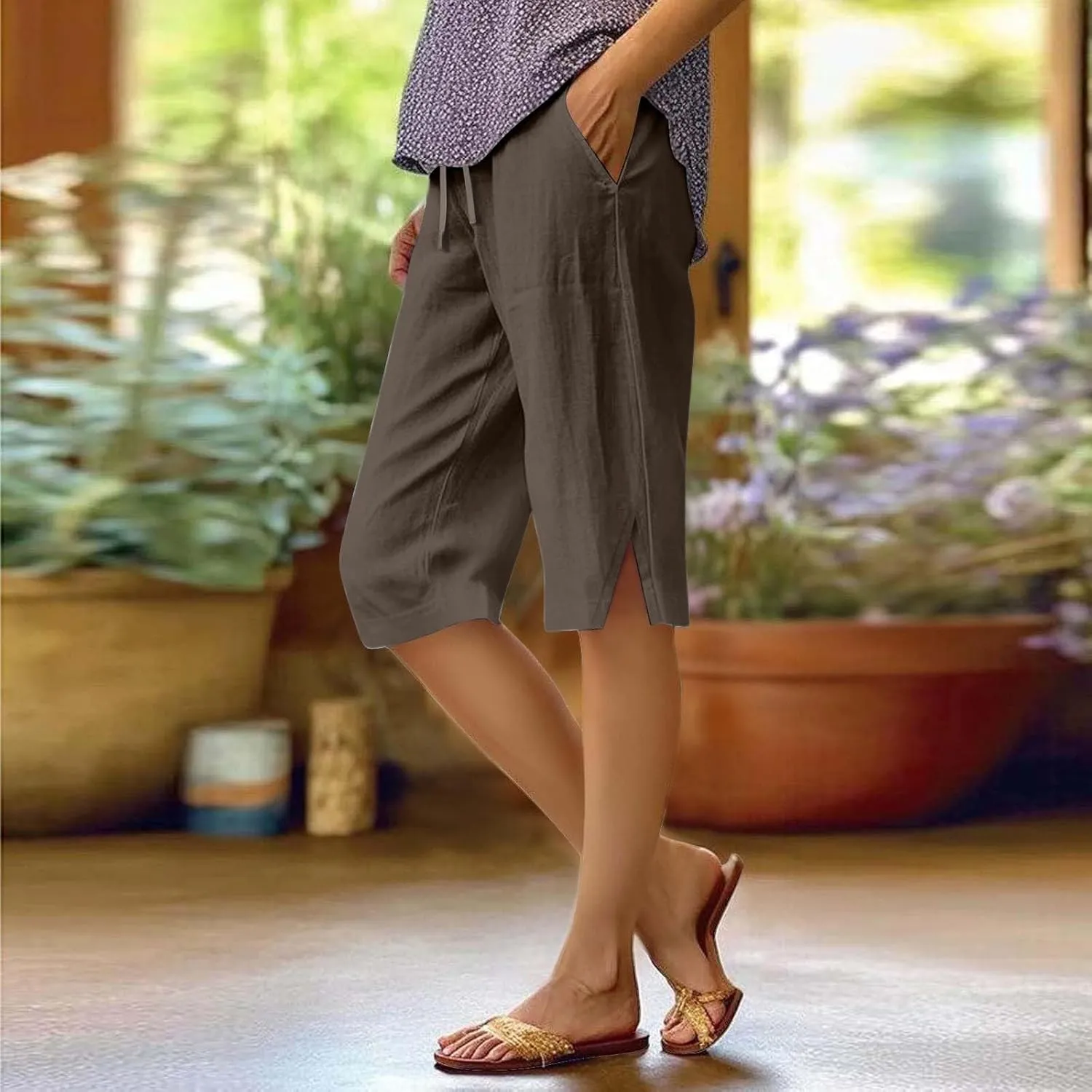 Linen Bermuda Shorts for Women Knee Length High Waisted Shorts 2025 Straight Leg Casual Summer Beach Pants with Pockets
