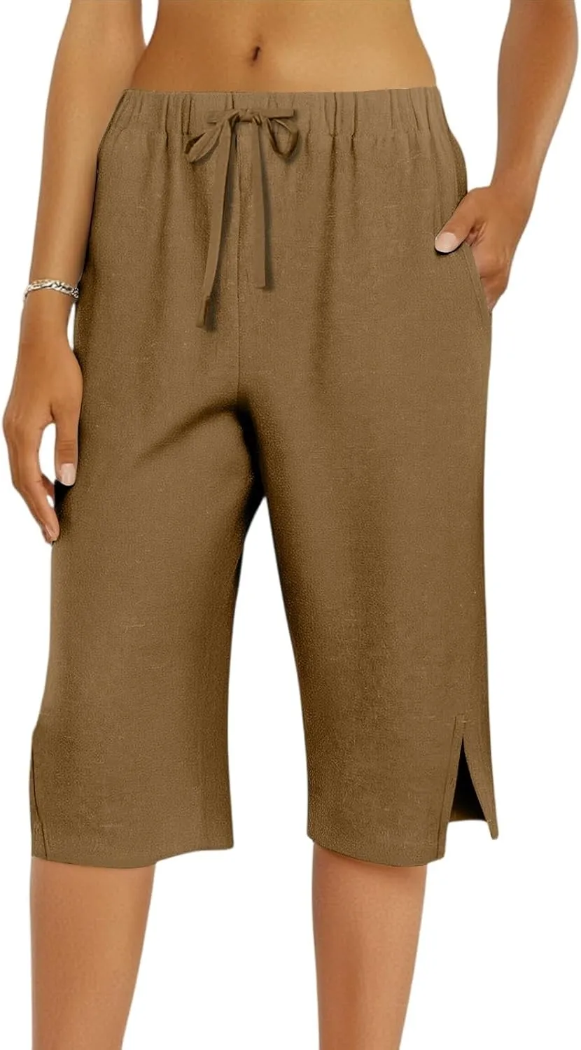 Linen Bermuda Shorts for Women Knee Length High Waisted Shorts 2025 Straight Leg Casual Summer Beach Pants with Pockets