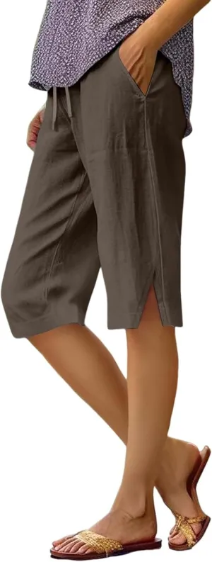 Linen Bermuda Shorts for Women Knee Length High Waisted Shorts 2025 Straight Leg Casual Summer Beach Pants with Pockets
