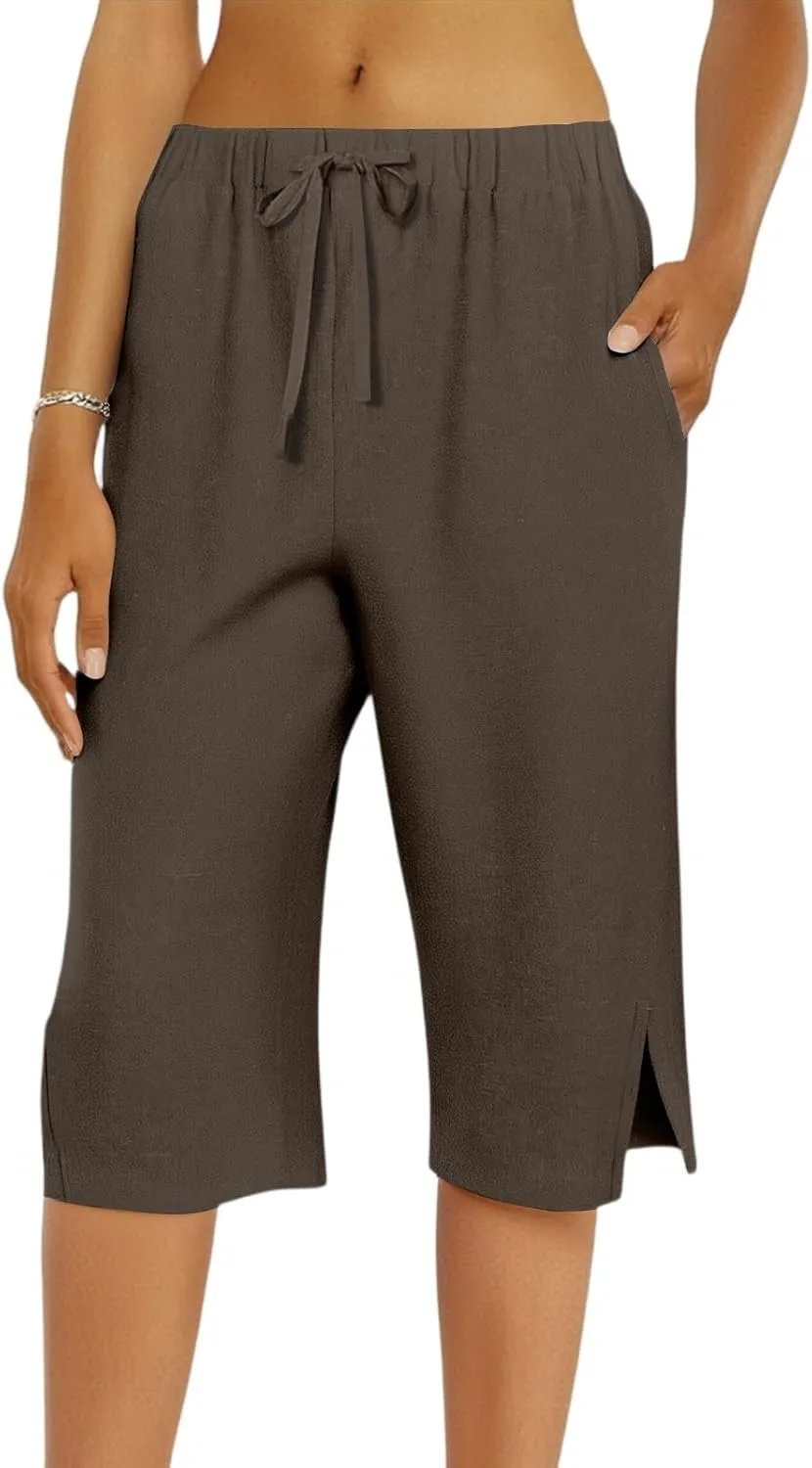 Linen Bermuda Shorts for Women Knee Length High Waisted Shorts 2025 Straight Leg Casual Summer Beach Pants with Pockets