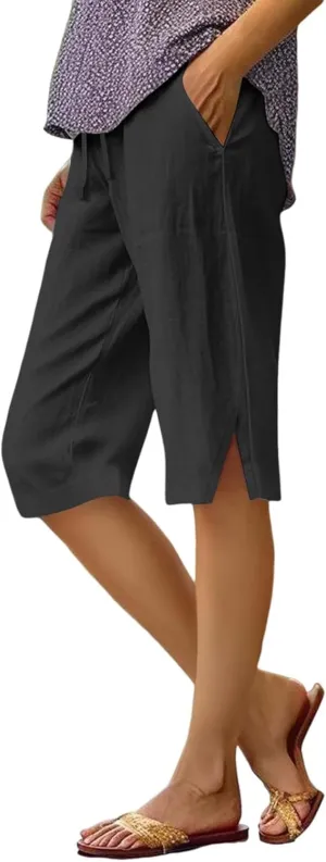 Linen Bermuda Shorts for Women Knee Length High Waisted Shorts 2025 Straight Leg Casual Summer Beach Pants with Pockets